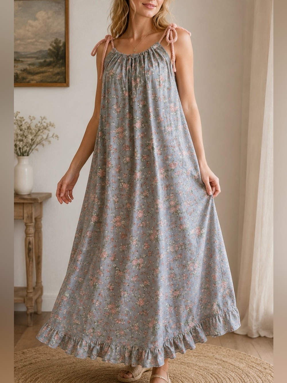 The Look Factory Floral Boho Cottagecore Ruffle Hem Maxi Dress M/L